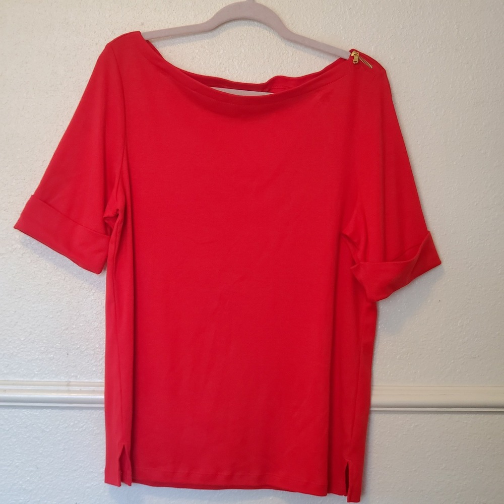 Lauren Ralph Lauren Red Boat Neck Top Gold Shoulder Zip Cuffed Sleeve XL
